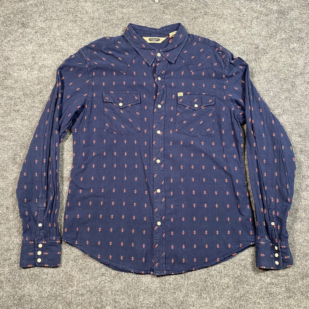 Salt Valley Western Navy Blue Geometric Diamond Snapโ Button Down Shirt Large